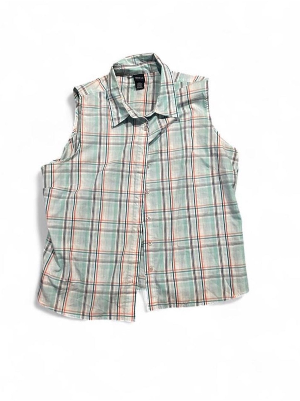 Basic Editions Mint Plaid Sleeveless Button-Front Shirt with Coral Stripes